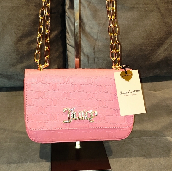 NWT JUICY COUTURE BLING BLING FLAP PINK LEMONADE MONOGRAM EMBOSSED CROSSBODY BAG - Picture 9 of 15